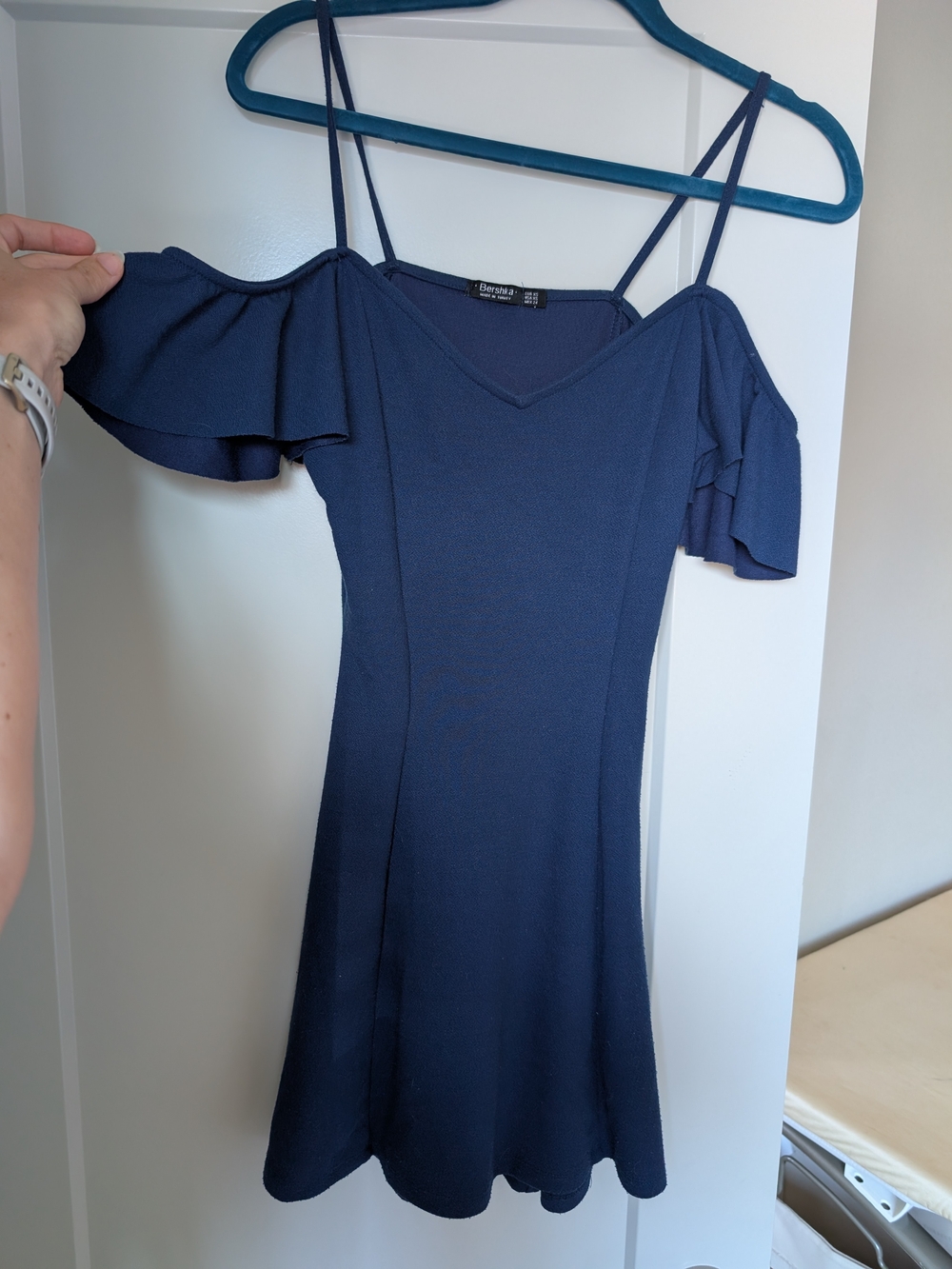 Bershka Navy Off-Shoulder Ruffle Mini Dress